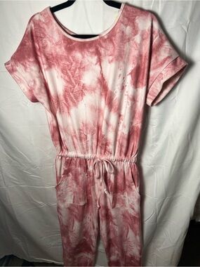 Pink and White Tie-Dye Jumpsuit with Drawstring Waist Size L